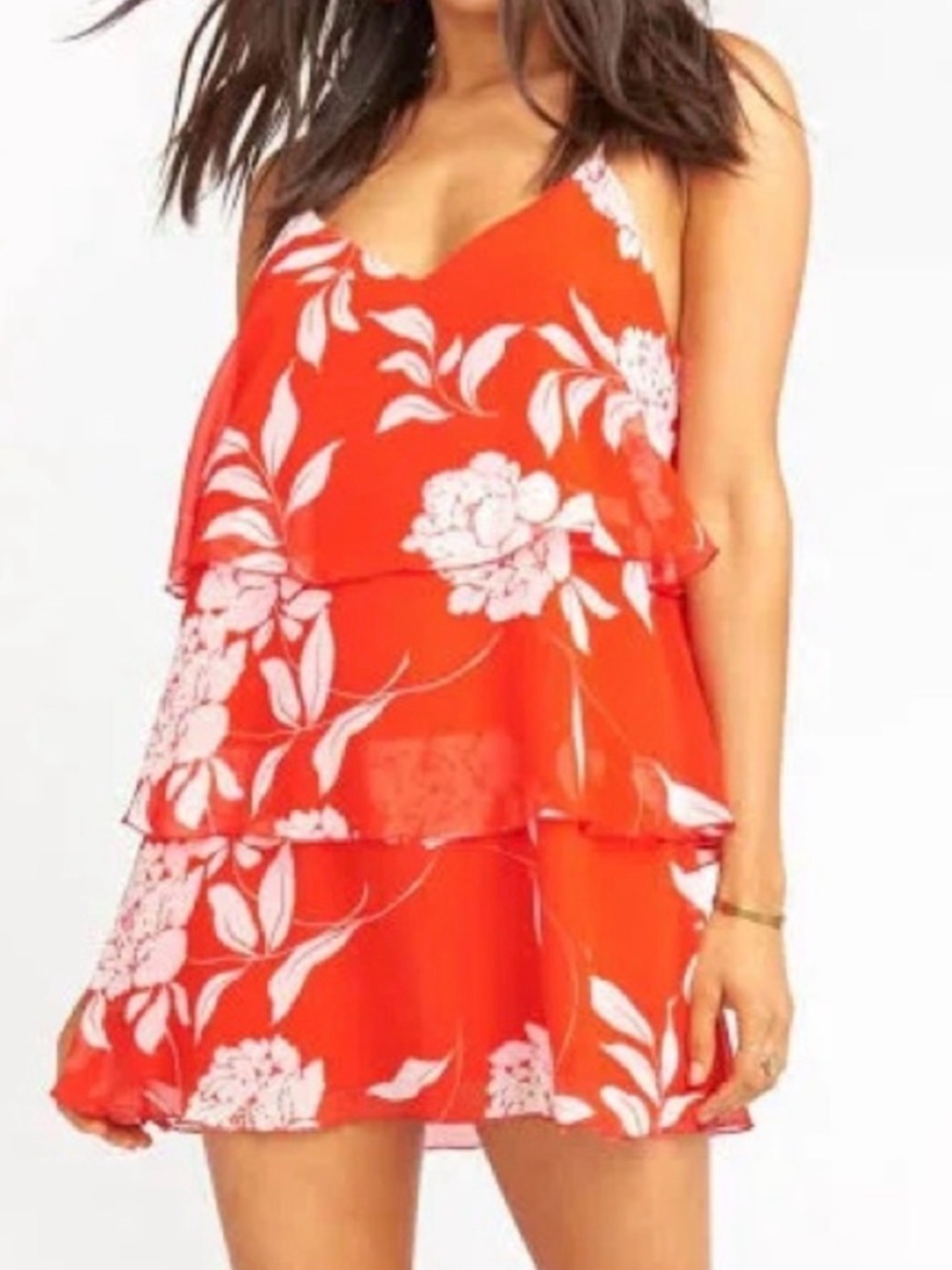 Show Me Your MuMu Suarez Red Floral Ruffle Tiered Mini Dress L